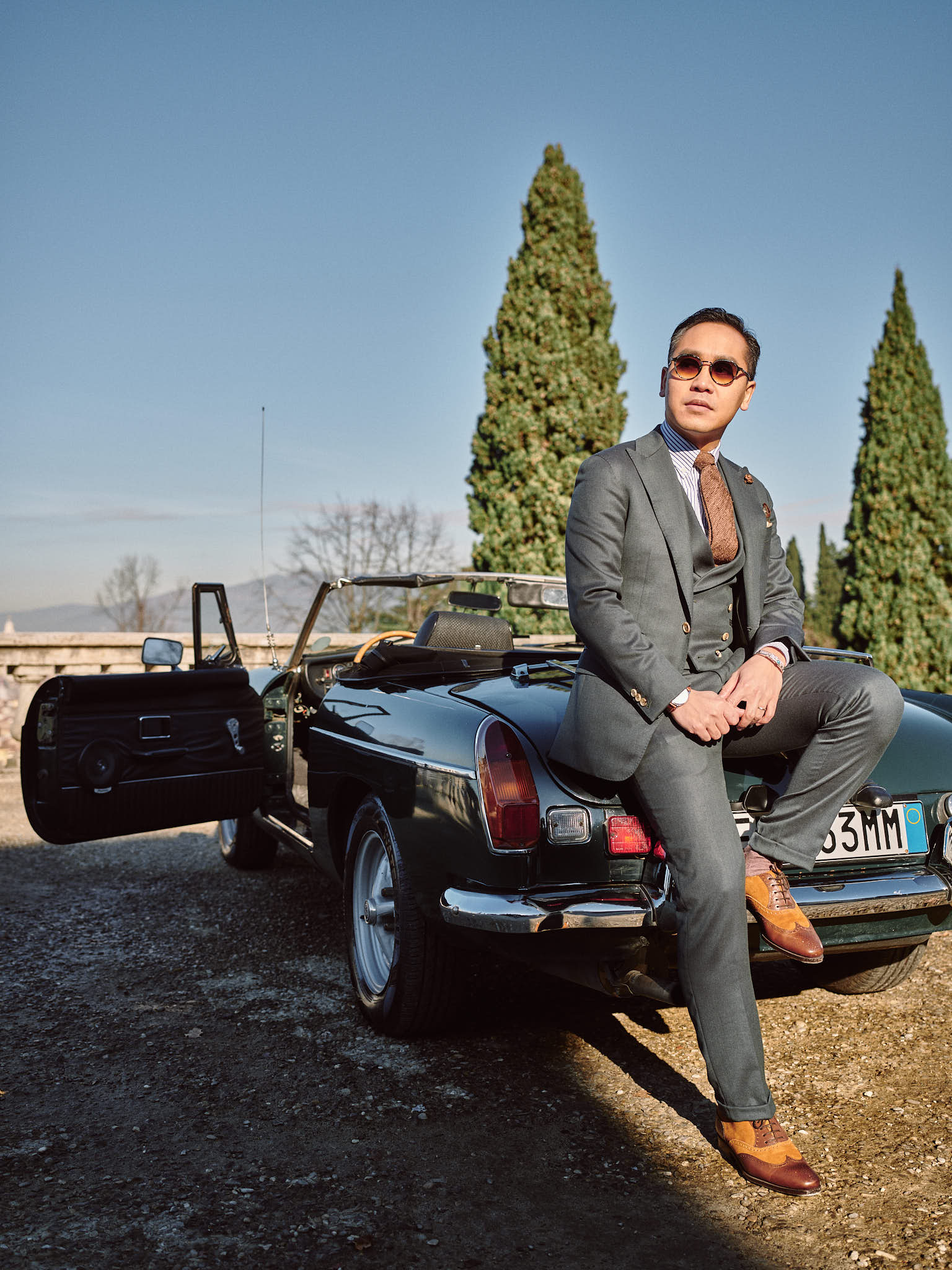 Blandin Delloye Florence Italy Street Fashion with MG historic car Blandin Delloye Florence Italy Street Fashion with MG historic car